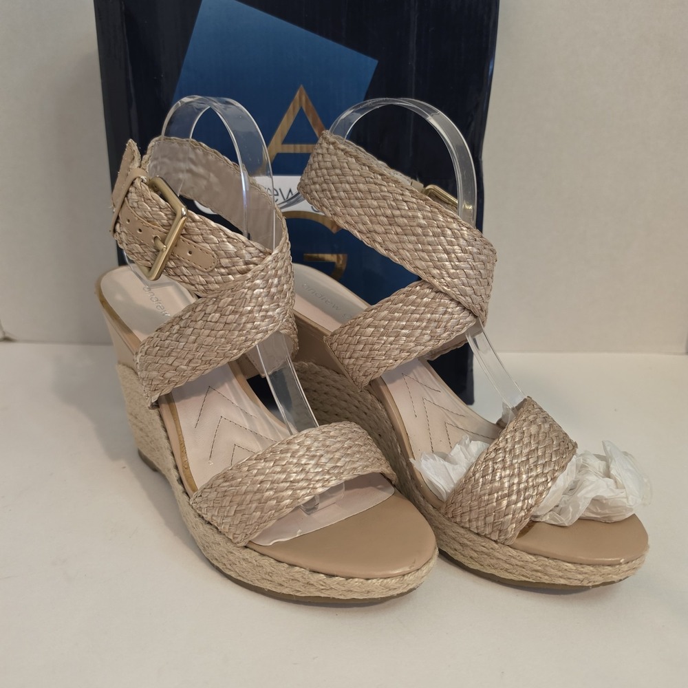 Andrew Geller Women's 9.5M Wedge Sandals Beige Woven Espadrille Ankle Strap